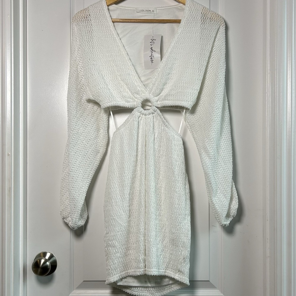 12th Tribe White Open Knit Ring Detail Cutout Mini Dress Beachy Boho Chic Style